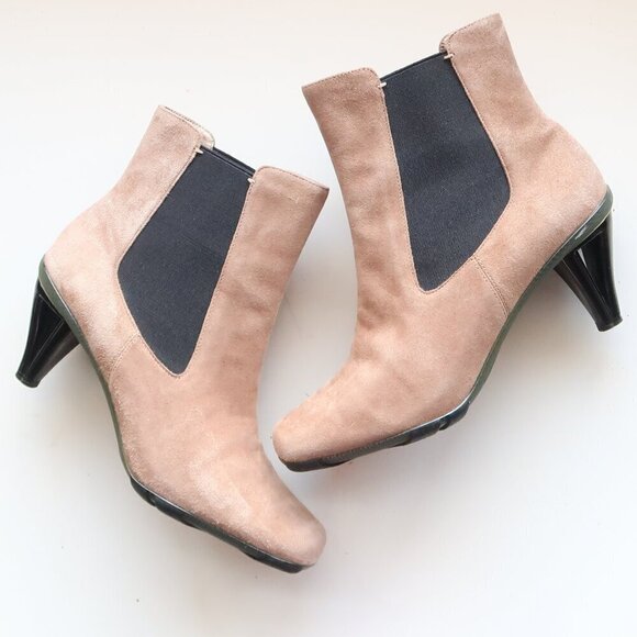 Asgi Beige Suede Leather Square Toe Heeled Chelsea Ankle Boots Booties 7.5 - Picture 8 of 16